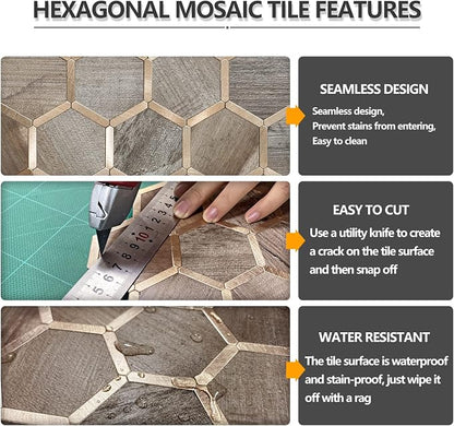 STICKGOO Hexagon Peel and Stick Backsplash Tile, Stick on Backsplash for Kitchen and Bathroom, Wood Texture PVC Mixed Metal Gold Self Adhesive Wall Tiles(10 Sheets, Seamless)