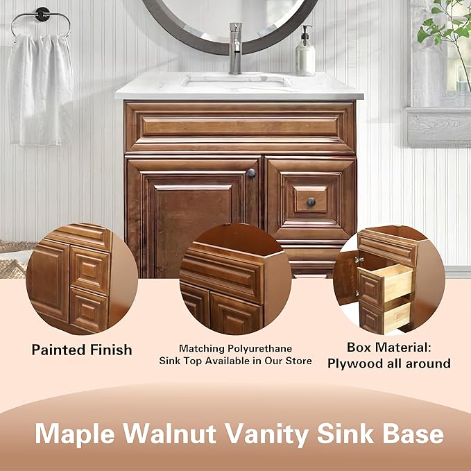 30" Shaker Bathroom Vanity Sink Base with Drawers (Ready-to-Assemble) (Maple Walnut Vanity Base)