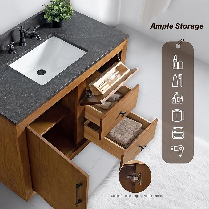 HOMEBEYOND 42" Bathroom Vanity with Single Sink & Ceramic Top, MDF Material Vanity Cabinet with Basin Combo, Soft-Closing Doors, Removable Shelf, Backsplash, Tan