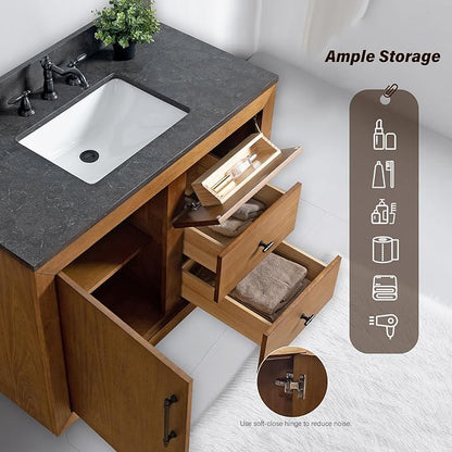 HOMEBEYOND 42" Bathroom Vanity with Single Sink & Ceramic Top, MDF Material Vanity Cabinet with Basin Combo, Soft-Closing Doors, Removable Shelf, Backsplash, Tan