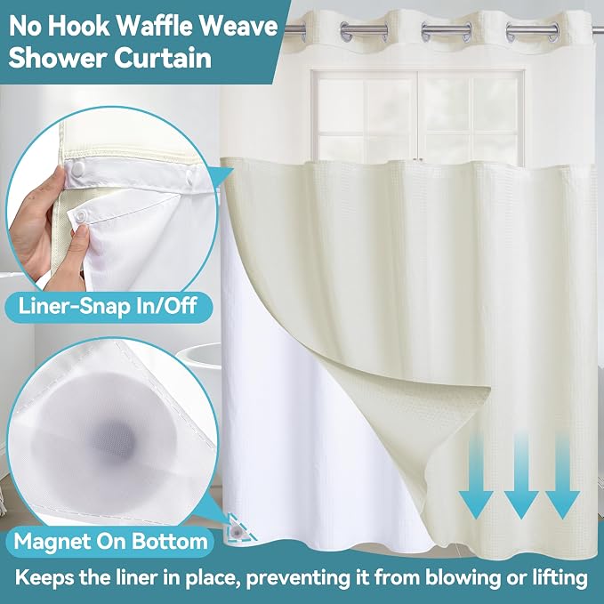 Conbo Mio Extra Long No Hook Waffle Weave Shower Curtain with Snap in Liner Set, Hotel Luxury Beige Shower Curtains for Bathroom with See Through Top Window, Waterproof, Washable 71W x 84H