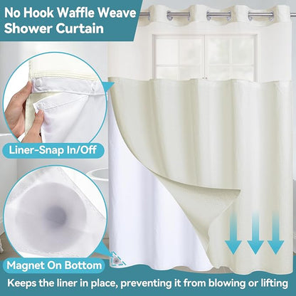 Conbo Mio Extra Long No Hook Waffle Weave Shower Curtain with Snap in Liner Set, Hotel Luxury Beige Shower Curtains for Bathroom with See Through Top Window, Waterproof, Washable 71W x 84H