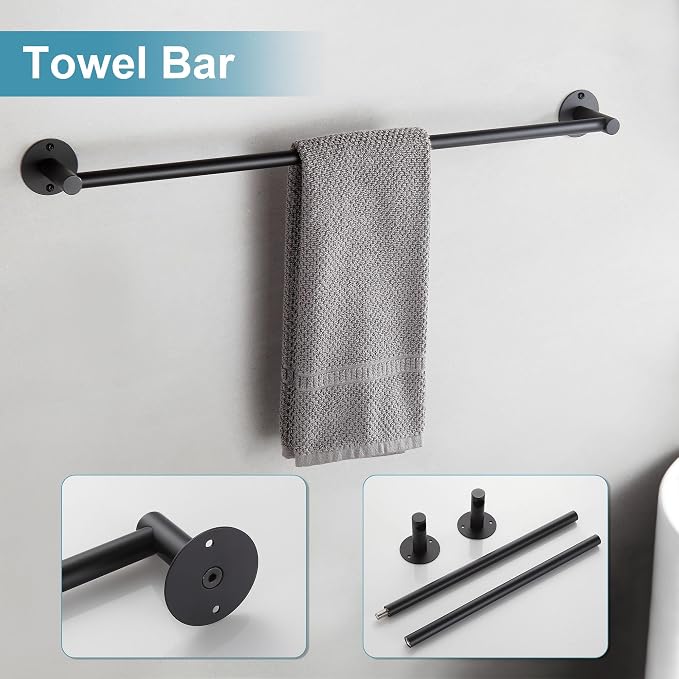 Towel Racks for Bathroom 4 Pieces,Matte Black Stainless Steel Bathroom Accessories Set Wall Mounted Included 24 Inches Towel bar,Towel Holder,Toilet Paper Holder,Robe Hook