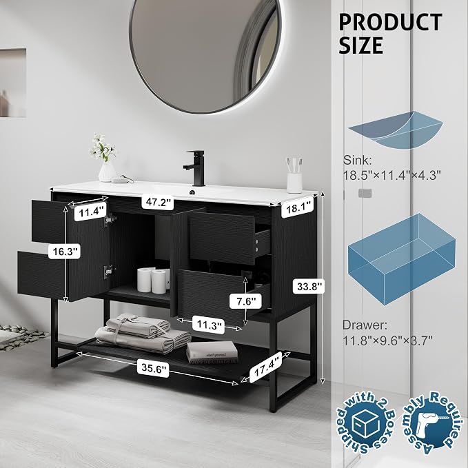 LUCKWIND 48" Modern Bathroom Vanity with Single White Sink Combo, Freestanding Storage Cabinet with Metal Frame, Matte Black Faucet and Open Shelf and 2 Soft-Closing Door, Black