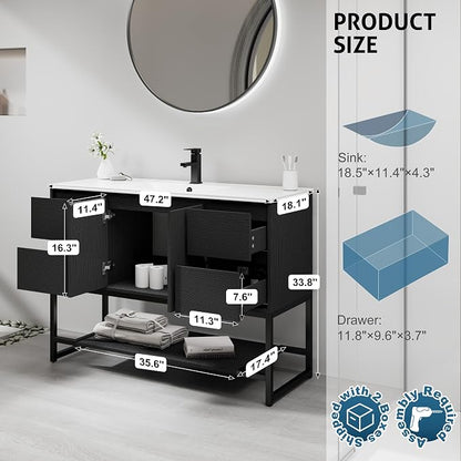 LUCKWIND 48" Modern Bathroom Vanity with Single White Sink Combo, Freestanding Storage Cabinet with Metal Frame, Matte Black Faucet and Open Shelf and 2 Soft-Closing Door, Black