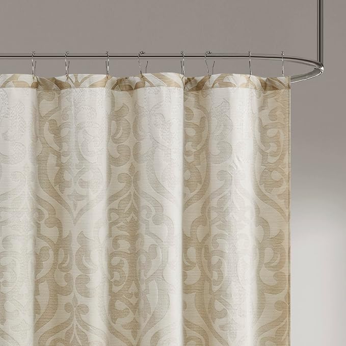 Madison Park Fabric Damask Medallion Shower Curtain, 72"x72" Tan/Ivory | Luxe Textured Jacquard, Machine Washable Modern Home Bathroom Decor, Bathtub Privacy Screen