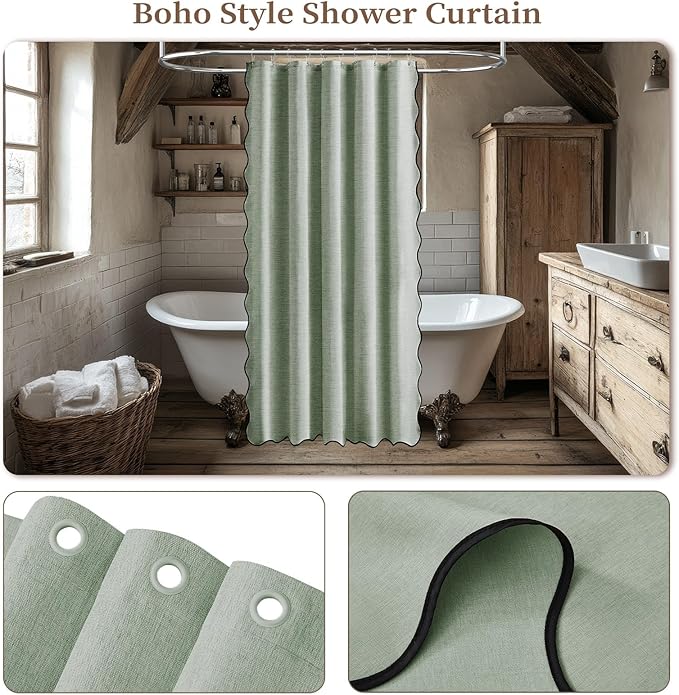 BTTN Stall Shower Curtain, Boho Scalloped Linen Textured Heavy Duty Fabric Shower Curtain Set with 10 Hooks, Narrow Neutral Waterproof Washable Rustic Shower Curtains for Bathroom, 60×72, Sage Green