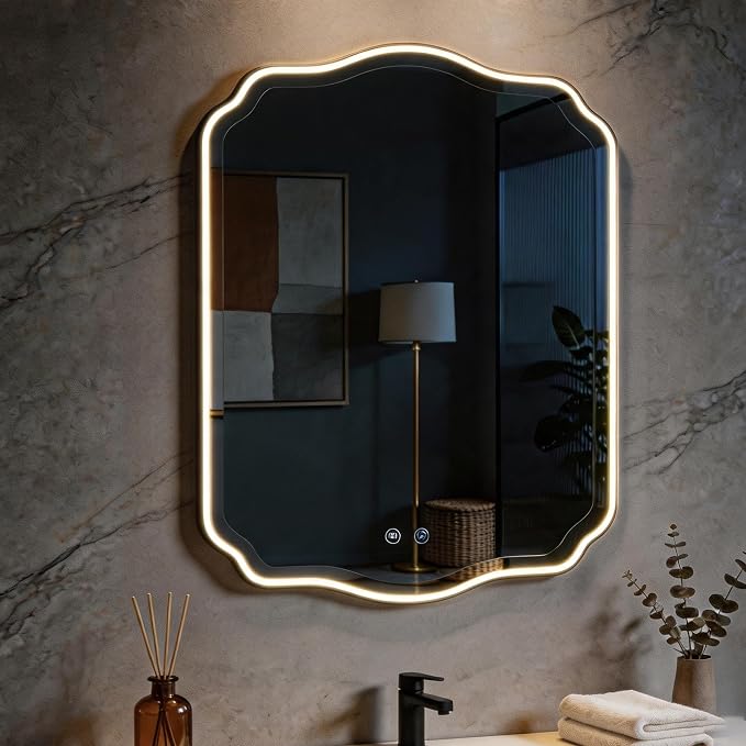 POZINO 30"x22" Scalloped LED Bathroom Mirror with Lights, Black Metal Frame | Beveled Edge, 3 Color Dimmable, Anti-Fog, Memory Function, IP65 Waterproof, Smart Bathroom Vanity Mirror with Front Lights
