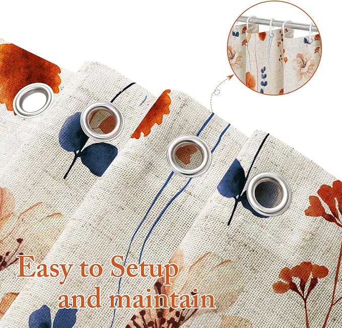 Orange Navy Linen Watercolor Floral Fabric Shower Curtain, 72x72 | Linen Fabric, Modern Minimalist Floral Print, Machine Washable, Rustproof Grommets, for Bathroom Home
