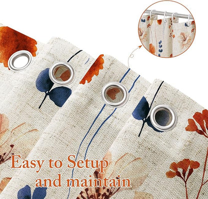 Orange Navy Linen Watercolor Floral Fabric Shower Curtain, 72x72 | Linen Fabric, Modern Minimalist Floral Print, Machine Washable, Rustproof Grommets, for Bathroom Home