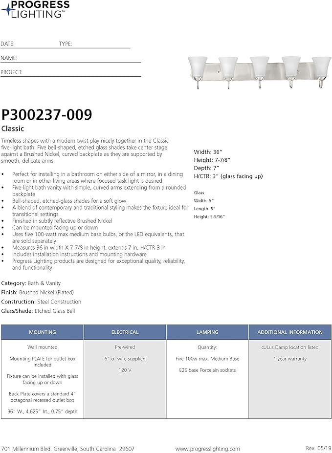 Progress Lighting Classic Collection 5-Light Etched Glass Traditional Bath Vanity Light Brushed Nickel