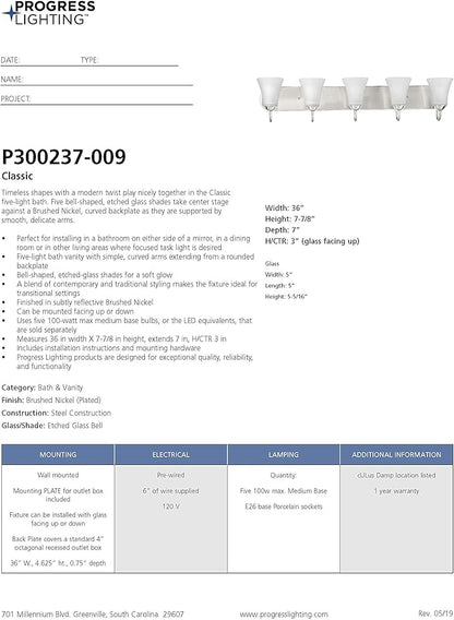 Progress Lighting Classic Collection 5-Light Etched Glass Traditional Bath Vanity Light Brushed Nickel