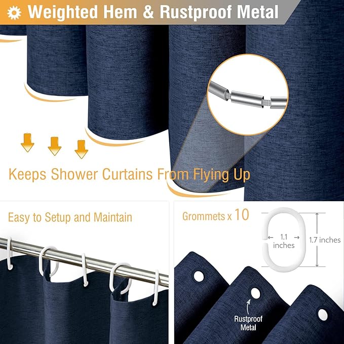BTTN Stall Fabric Shower Curtain, 54x78 Inch Long Linen Textured Heavy Duty Thick Shower Curtain Set with 10 Plastic Hooks, Hotel Spa Weighted Waterproof Neutral Bath Curtains for Bathroom, Navy Blue