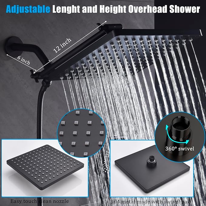 Shower Faucet Set with Tub Spout Matte Black 10 Inch Rainfall Shower with 4 Setting Spray Mixer Shower System Modern Luxury Wall Mounted Tub Shower Faucet Set Rough-in Valve Body (Matte Black)