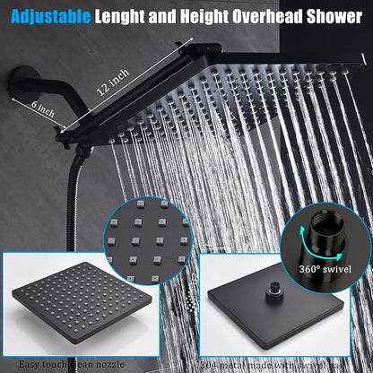 Shower Faucet Set with Tub Spout Matte Black 10 Inch Rainfall Shower with 4 Setting Spray Mixer Shower System Modern Luxury Wall Mounted Tub Shower Faucet Set Rough-in Valve Body (Matte Black)