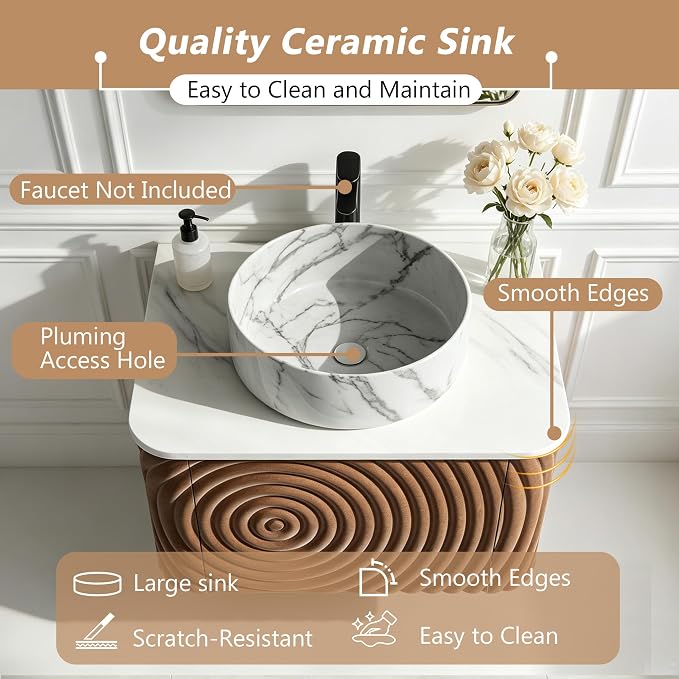 24" Floating Bathroom Vanity with Sink, Mid-Century Wall Mounted Bathroom Vanity Cabinet with Waved Decor, Marble Ceramic Basin, Sintered Stone Top, Soft Close Storage Drawer, Natural