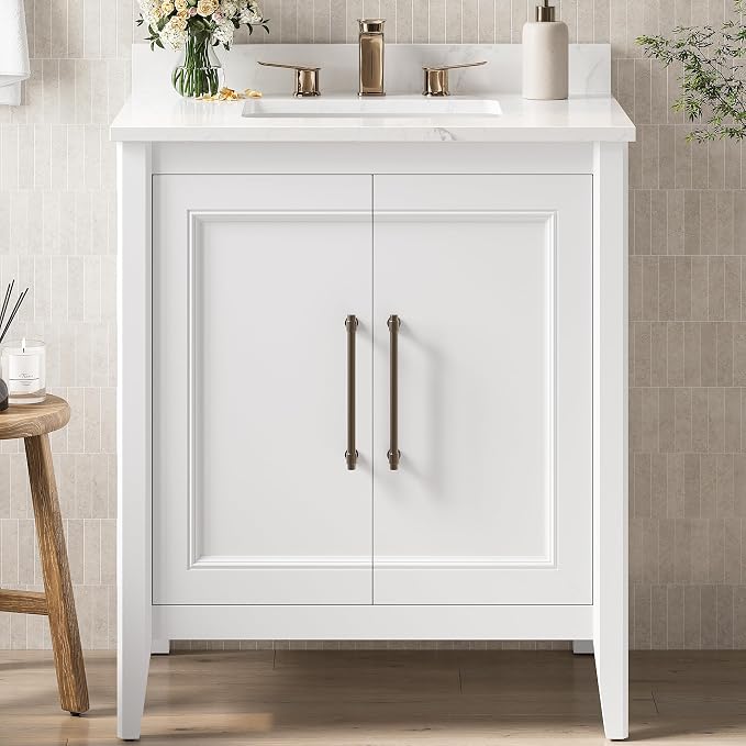 LIKIMIO 30" Bathroom Vanity with Sink, Engineered Stone Top, 2 Doors, White | Freestanding Bathroom Vanity, Engineered Stone Countertop with Undermount Ceramic Sink, Modern Bathroom Storage Cabinet