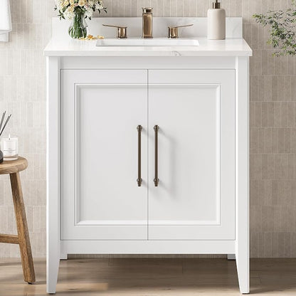 LIKIMIO 30" Bathroom Vanity with Sink, Engineered Stone Top, 2 Doors, White | Freestanding Bathroom Vanity, Engineered Stone Countertop with Undermount Ceramic Sink, Modern Bathroom Storage Cabinet