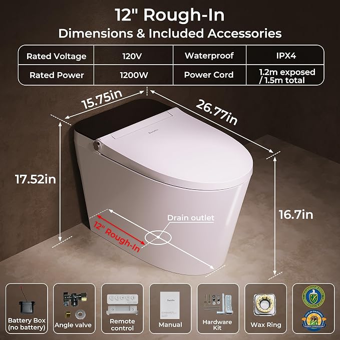 Smart Toilet with Bidet Built In, Auto Open/Close Lid, Foot Sensor to Open Lid/Seat & Flush, Heated Seat, Warm Water Wash, Air Dryer, Built-in Tank, 12" Rough-In, One-Piece Elongated ZY695A