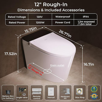 Smart Toilet with Bidet Built In, Auto Open/Close Lid, Foot Sensor to Open Lid/Seat & Flush, Heated Seat, Warm Water Wash, Air Dryer, Built-in Tank, 12" Rough-In, One-Piece Elongated ZY695A