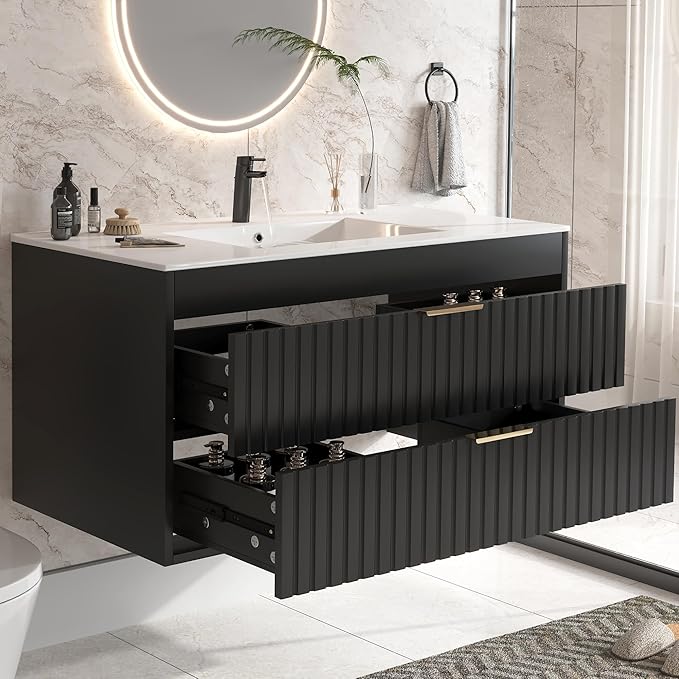 36" Bathroom Vanity with Sink, Floating Bathroom Vanity with 2 Fluted Drawers & Metal Handle, Wall Mounted Cabinets with Integrated Ceramic Sink for Apartment, Home, Black