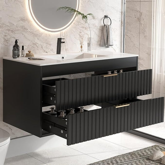 36" Bathroom Vanity with Sink, Floating Bathroom Vanity with 2 Fluted Drawers & Metal Handle, Wall Mounted Cabinets with Integrated Ceramic Sink for Apartment, Home, Black