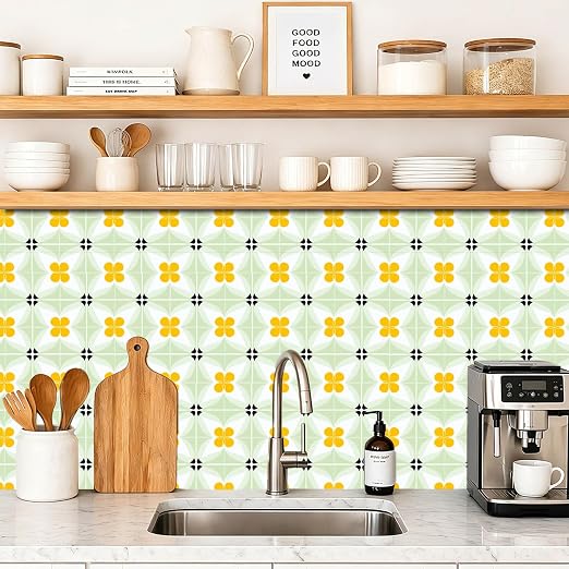 Yellow Flower Geometric Peel and Stick Floor Tiles 12x12 Inch 10PCS | Yellow flower and pale green geometric pattern vinyl floor stickers for kitchen bathroom entryway and indoor home decor