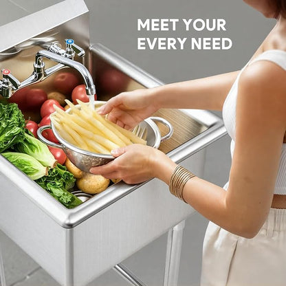 1-Compartment Sink, 18x18x12 in. Kitchen Sink with Strainer X-Shaped Guides Backsplash, Freestanding Single Bowl Utility Sink, Work Station Sink for Garage Kitchen Laundry Room Pet Salon