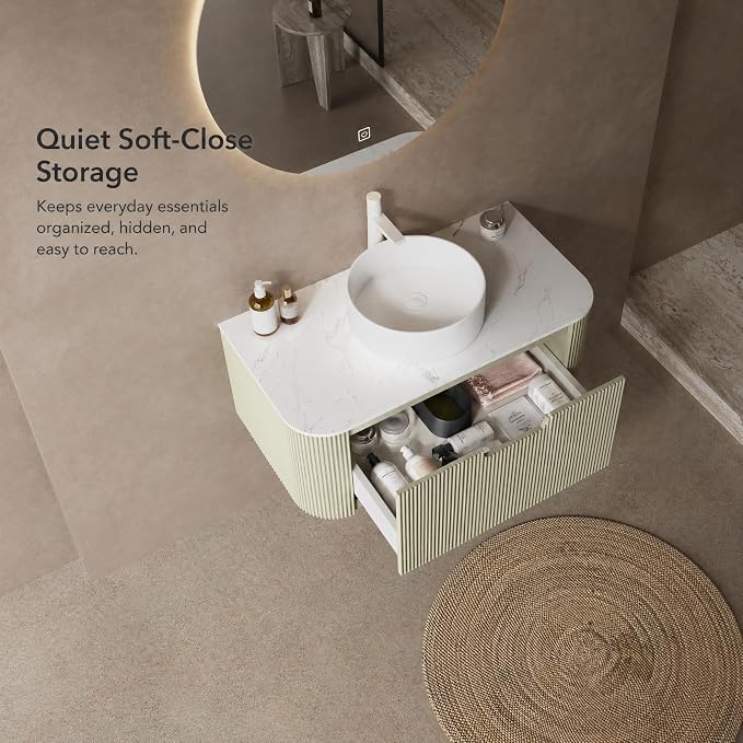 36 Inch Bathroom Vanity with Sink, Floating Wall Mounted Single Sink Vanity, Sage Green Curved Fluted Front, Stone Top, Pure White Round Vessel Basin, Pre-Assembled
