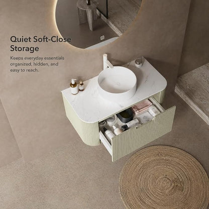 36 Inch Bathroom Vanity with Sink, Floating Wall Mounted Single Sink Vanity, Sage Green Curved Fluted Front, Stone Top, Pure White Round Vessel Basin, Pre-Assembled
