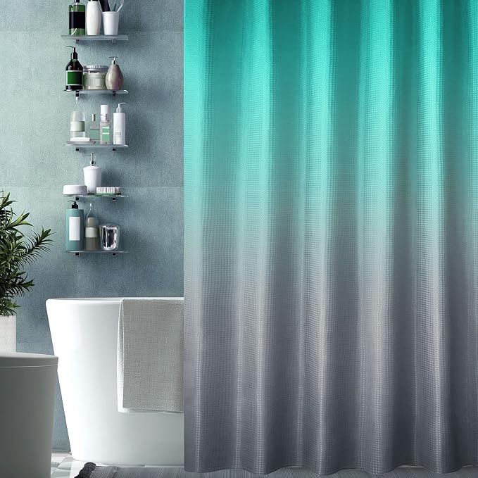 Teal Grey Ombre Fabric Shower Curtain for Bath Decor, 72 x 72 | Teal Grey Gradient Fabric Shower Curtain, Cloth-Textu Bathroom Curtains Shower Set, Water Repellent and Machine Washable