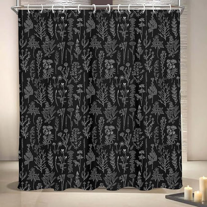 Coxila Vintage Floral Shower Curtain Extra Long Black Flower Rustic Farmhouse Retro Spring Botanical Nature Country Black Boho Cute Wildflower Bathroom 72 x 84 Inch Polyester Fabric 12 Pack Hooks