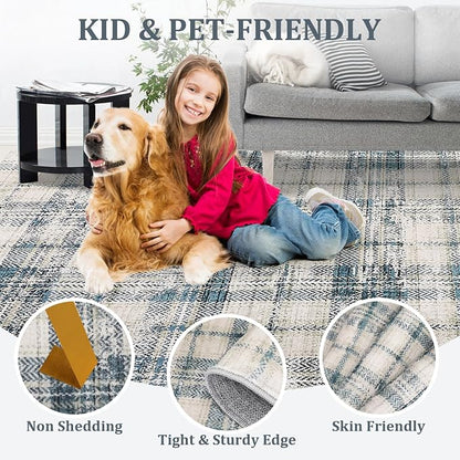 Washable Rugs Runner Rug 2x6 Modern Plaid Area Rug Soft Carpet 2'x6' Green/Beige