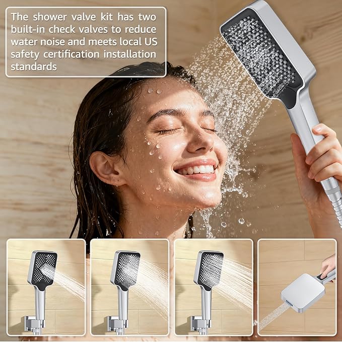 Shower System Modern Rain 8 inches Brass Faucet Set With Valve and Diverter Shower Mixer With Handheld High Pressure Square Rainfall Shower Valve (8'' Wall Mount, Chrome Polished)