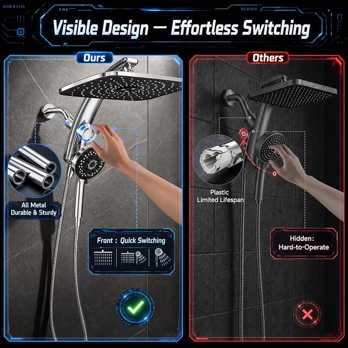 Veken 14" Luxurious Shower Head with Handheld,Full Body Coverage,Power Wash | Magnetic Hand Held,Dual Rain Shower Heads Combo,Large Rainfall,Double Detachable Showerhead,Ducha Para Shower,Chrome,Sliver