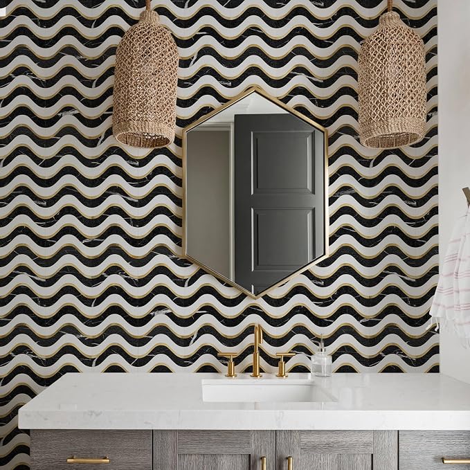 Vamos Tile Peel and Stick Backsplash Seamless Tile,Black+White+Gold,10 pcs | Stick on Backsplash for Kitchen and Bathroom, PVC Mix Metal Gold Self Adhesive Wall Tiles,11.8''x10.15''