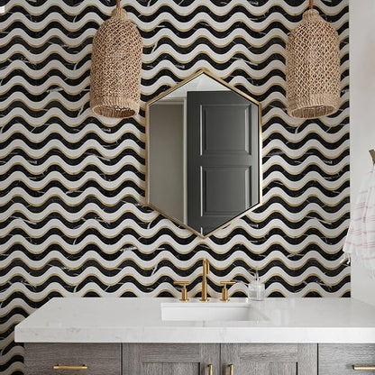 Vamos Tile Peel and Stick Backsplash Seamless Tile,Black+White+Gold,10 pcs | Stick on Backsplash for Kitchen and Bathroom, PVC Mix Metal Gold Self Adhesive Wall Tiles,11.8''x10.15''