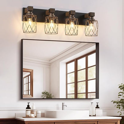 4-Light Black Gold Farmhouse Vanity Light, Wood & Metal Cage Shade | Mounted Over Mirror, Industrial Rustic Style, Ideal for Bathroom, Bedroom, Hallway & Living Room, Easy To Install