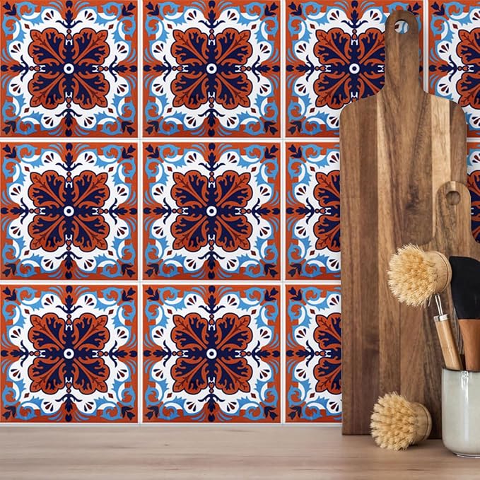 DICOFUN 32 Colorful Talavera Mexican Tile Peel and Stick Backsplash, 6" x 6" Waterproof Stick on Wall Tiles (Style 7)