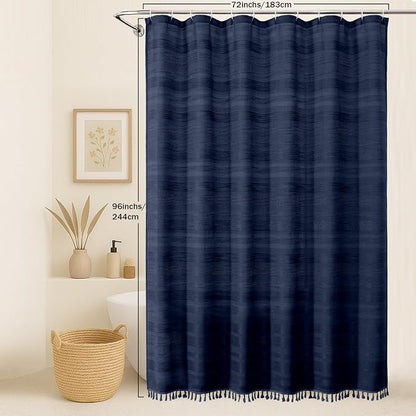 Extra Long Navy Blue Shower Curtain 96 Inch Long, Boho Linen Textured Soft Fabric Heavy Duty Cloth Bathroom Shower Curtain with Tassel, Tall Farmhouse Luxury Bath Decor, 72Wx96L Inches