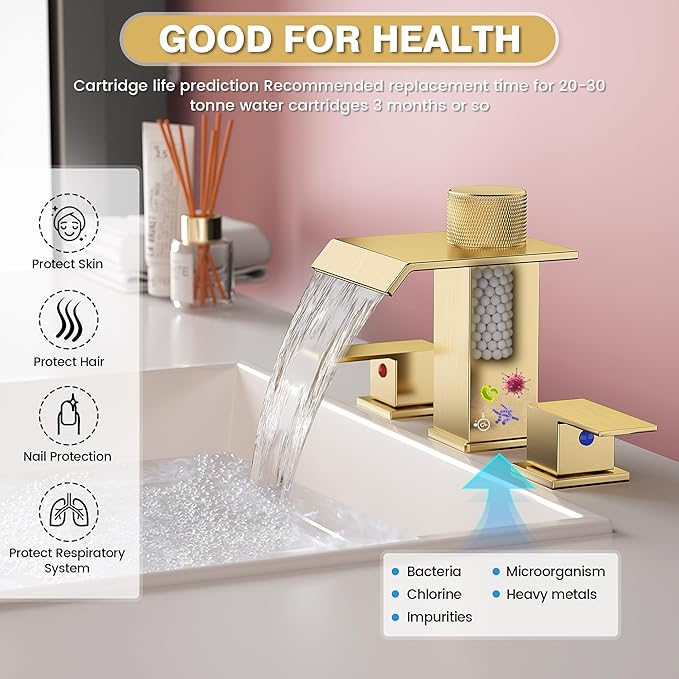 Brushed Gold Bathroom Faucet 3 Hole, 8 Inch Widespread Waterfall Bathroom Sink Faucet with Filter, Includes Metal Pop-Up Drain and Supply Hoses, Perfect for Vanity, Restroom, Sink, Rv