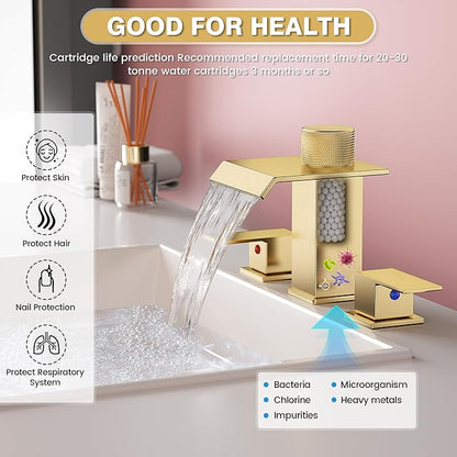 Brushed Gold Bathroom Faucet 3 Hole, 8 Inch Widespread Waterfall Bathroom Sink Faucet with Filter, Includes Metal Pop-Up Drain and Supply Hoses, Perfect for Vanity, Restroom, Sink, Rv