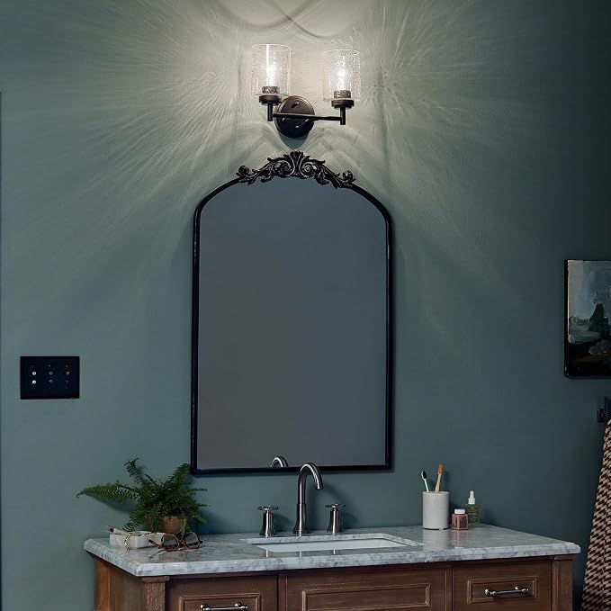 Kichler Winslow 2-Light Farmhouse Vanity Light, Black | Clear seeded glass vanity light with industrial styling (12.75" x 9.25" x 6.5"), 45885BK