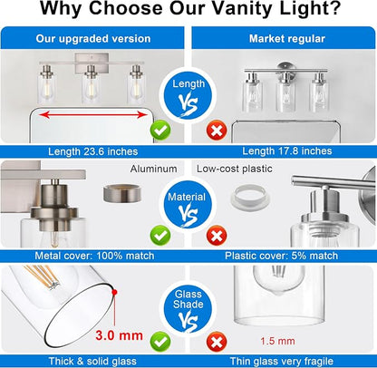 MELUCEE 3 Lights Wall Sconce Brushed Nickel Finished 20.5 Inch | Modern Bathroom Vanity Light Fixtures with Clear Glass Shade Suit for Porch Bedroom Foyer Kitchen (Patent No.: US D963914 S)
