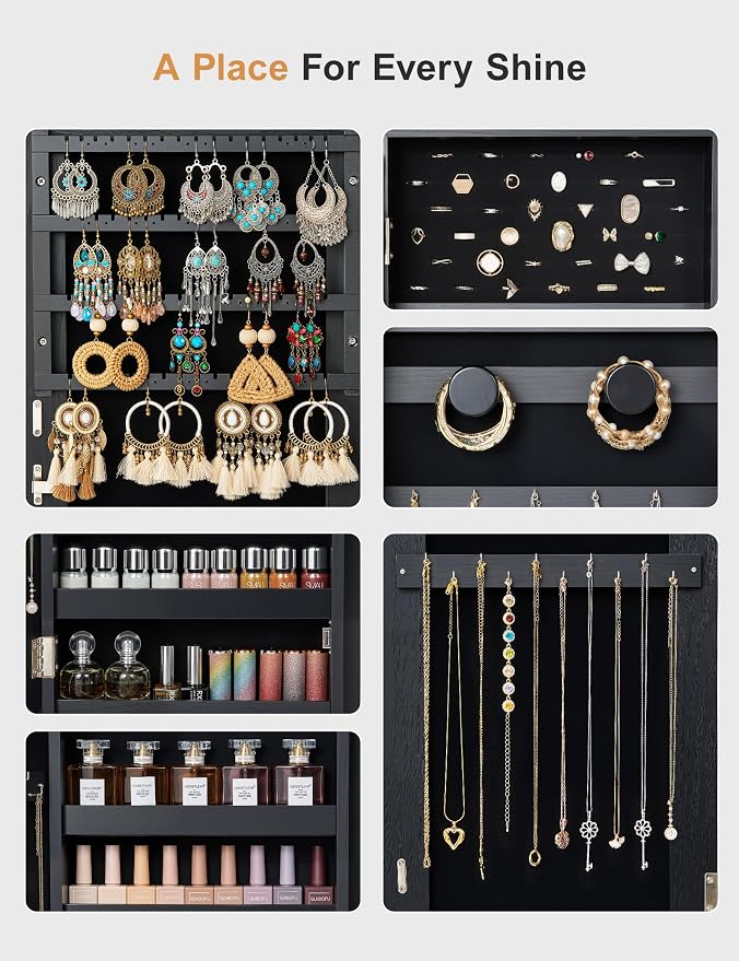 Nicetree Jewelry Cabinet Armoire, 2 Drawers, Full Length Mirror, Black | Standing Mirror Jewelry Cabinet, Lockable Jewelry Armoire with Mirror, Adjustable Angles, Easy Assembly, Gift Idea, HD Glass