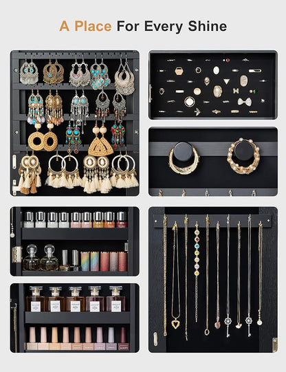Nicetree Jewelry Cabinet Armoire, 2 Drawers, Full Length Mirror, Black | Standing Mirror Jewelry Cabinet, Lockable Jewelry Armoire with Mirror, Adjustable Angles, Easy Assembly, Gift Idea, HD Glass
