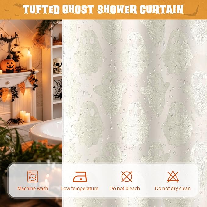 FADOTY No Hook Shower Curtain Set with Snap in Liner, Ghost, 71'' x 74'' | Bathroom Hotel Fabric Curtain, Waterproof Washable Liner, See Through Top Window, Ringless Ghost Tufted Cloth Curtain