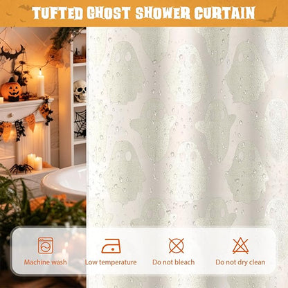 FADOTY No Hook Shower Curtain Set with Snap in Liner, Ghost, 71'' x 74'' | Bathroom Hotel Fabric Curtain, Waterproof Washable Liner, See Through Top Window, Ringless Ghost Tufted Cloth Curtain