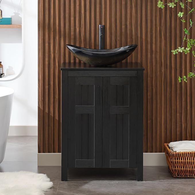 UEV Black 24" Bathroom Vanity with Sink Combo,Modern Freestanding Sink Cabinet,Stylish Bathroom Vanity Cabinet,Grooved Double Doors,Metal Handles,Champagne Boat Tempered Glass Vessel Sink(029CH)