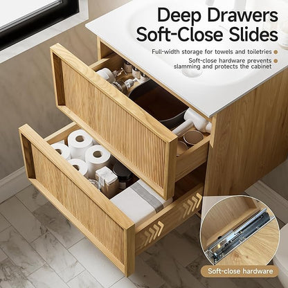 24" Japandi Floating Bathroom Vanity with Sink, Pre-Assembled Japandi Bathroom Sink Vanity, Wall Mounted with Integrated Stone Top and 2 Soft Close Drawers